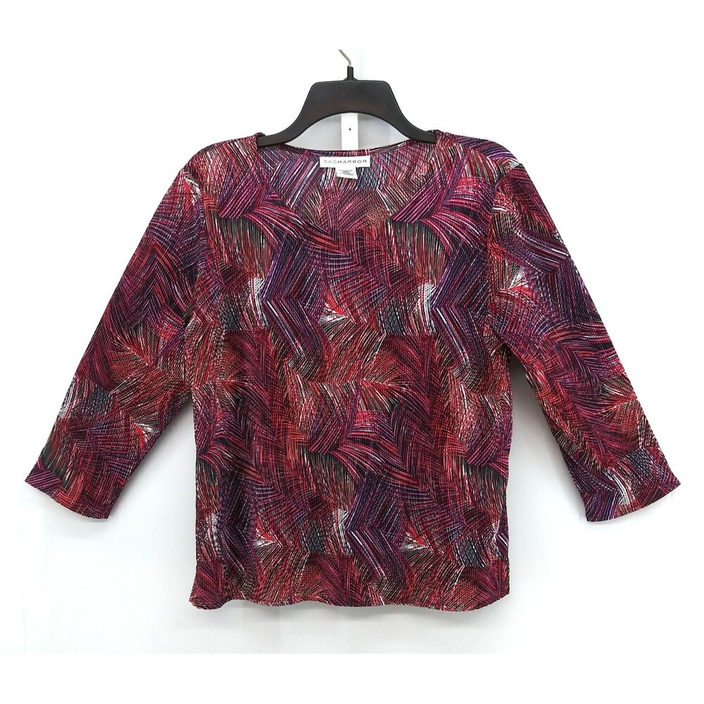 Sag Harbor Blouse Women Size S Red 3/4 Sleeve Round Neck Textured Top